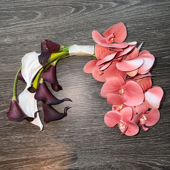 Curved Bridal Bouquet Pink Orchid and Purple Calla Lilies - Picture 3 of 10